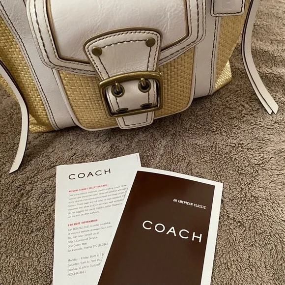 Coach Legacy White Leather Natural Tan Brown Woven Straw Rattan Raffia Handbag - Picture 3 of 16